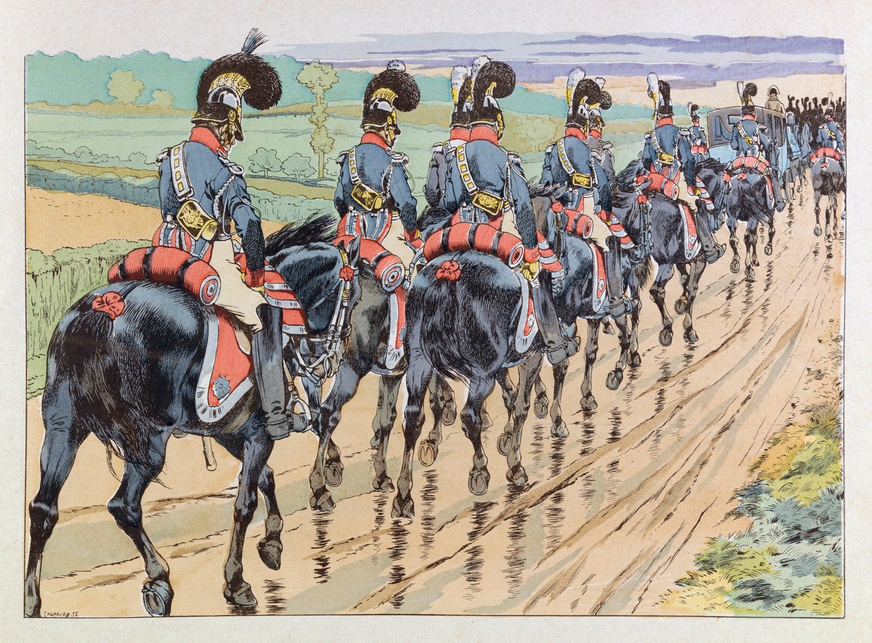 Jacques Marie Gaston Onfray de Breville kaldet JOB (1858 - 1931); Illustration fra bogen "" Les epees de France"": Imperiale escort, der ledsager Napoleon; Coll, Del af pseudonym for Onfray de Breville Jacques Job