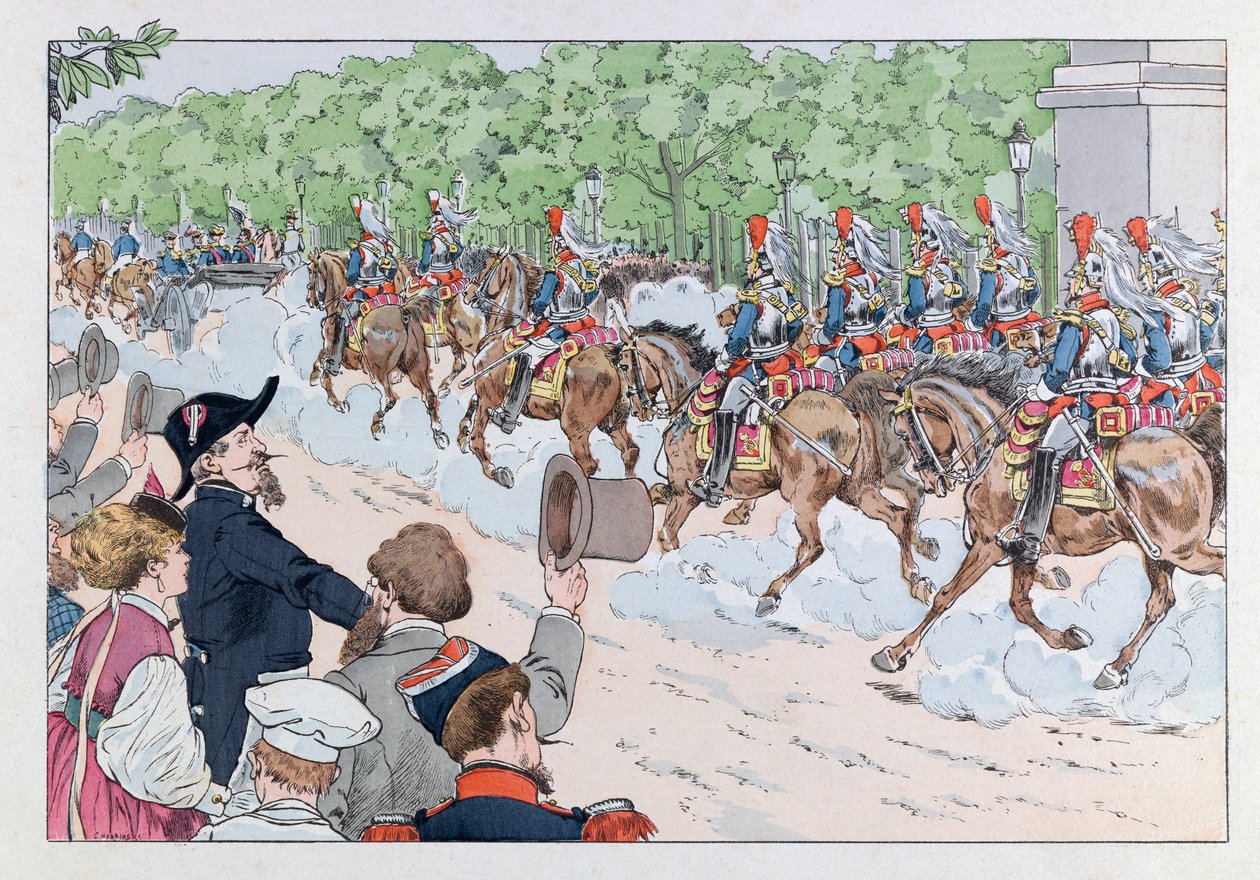 Jacques Marie Gaston Onfray de Breville dit JOB (1858 - 1931); Illustration fra bogen "Les epees de France": Eskorte af kejser Napoleon 3 på Champs Elysees; Coll, del af pseudonym for Onfray de Breville Jacques Job