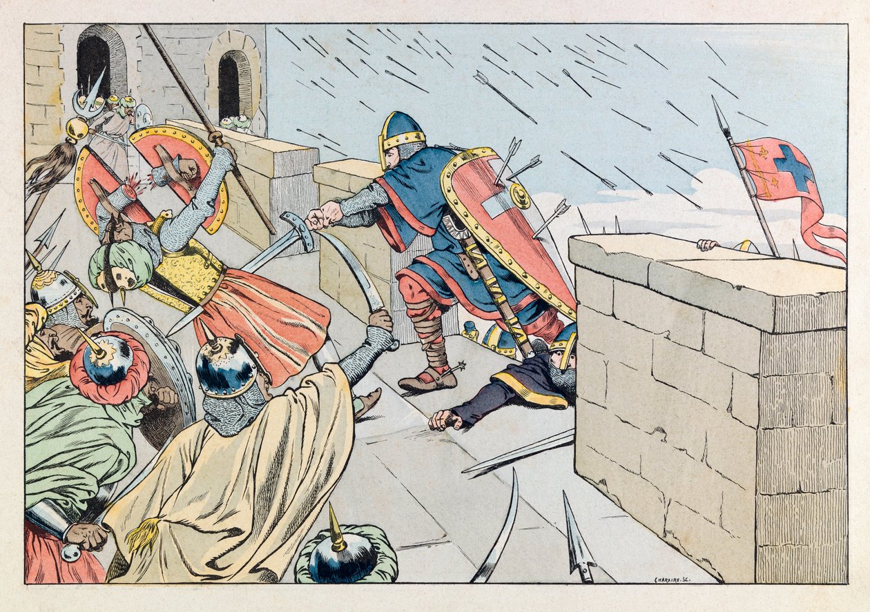 Jacques Marie Gaston Onfray de Breville kaldet JOB (1858 - 1931); Illustration fra bogen "Les epees de France": Taget af Jerusalem af Godefroy de Bouillon i 1099; Coll, del. af pseudonym for Onfray de Breville Jacques Job