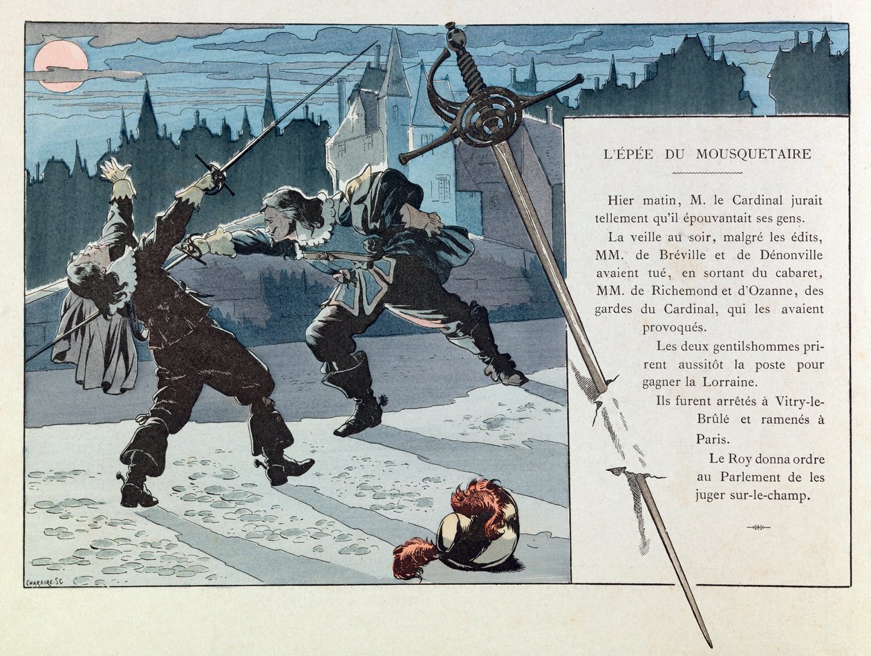 Jacques Marie Gaston Onfray de Breville dit JOB (1858 - 1931); Illustration fra bogen "Les epees de France": Duel mellem en musketer og en vagt af kardinalen (M de Breville og Denonville dræbte M de Richemond og M d