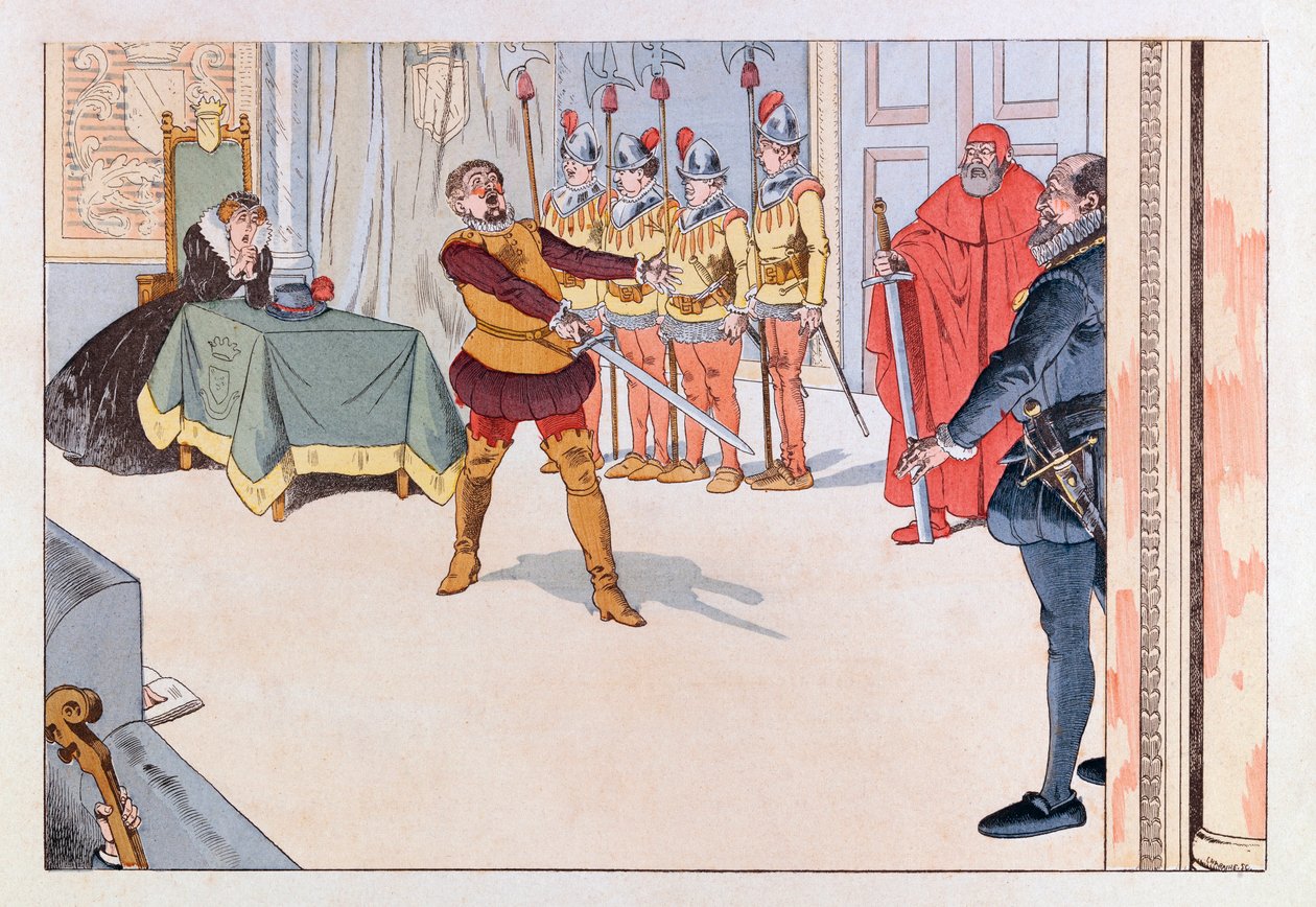Jacques Marie Gaston Onfray de Breville kaldet JOB (1858 - 1931); Illustration fra bogen "Les epees de France": Piece de theater au 19th century; Coll, Del af pseudonym for Onfray de Breville Jacques Job