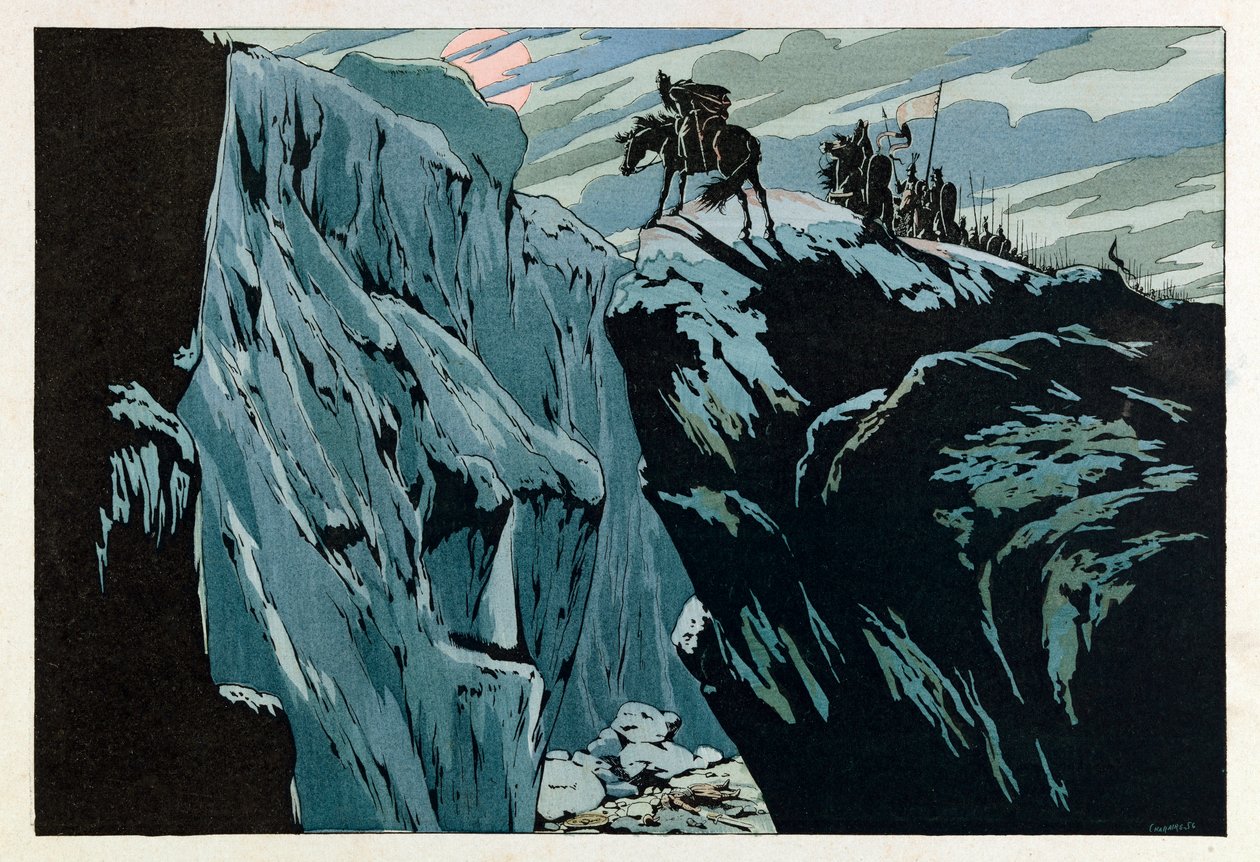 Jacques Marie Gaston Onfray de Breville kaldet JOB (1858 - 1931); Illustration fra bogen "Les epees de France": Rolands død i Roncesvalles i 778; Coll, del. af pseudonym for Onfray de Breville Jacques Job