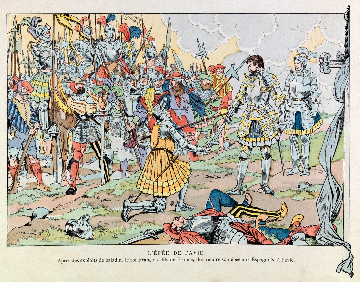 Jacques Marie Gaston Onfray de Breville dit JOB (1858 - 1931); Illustration fra bogen "" Les epees de France"": Kong Francois 1. returnerer sit sværd til spanierne efter Pavias nederlag den 24. februar af pseudonym for Onfray de Breville Jacques Job