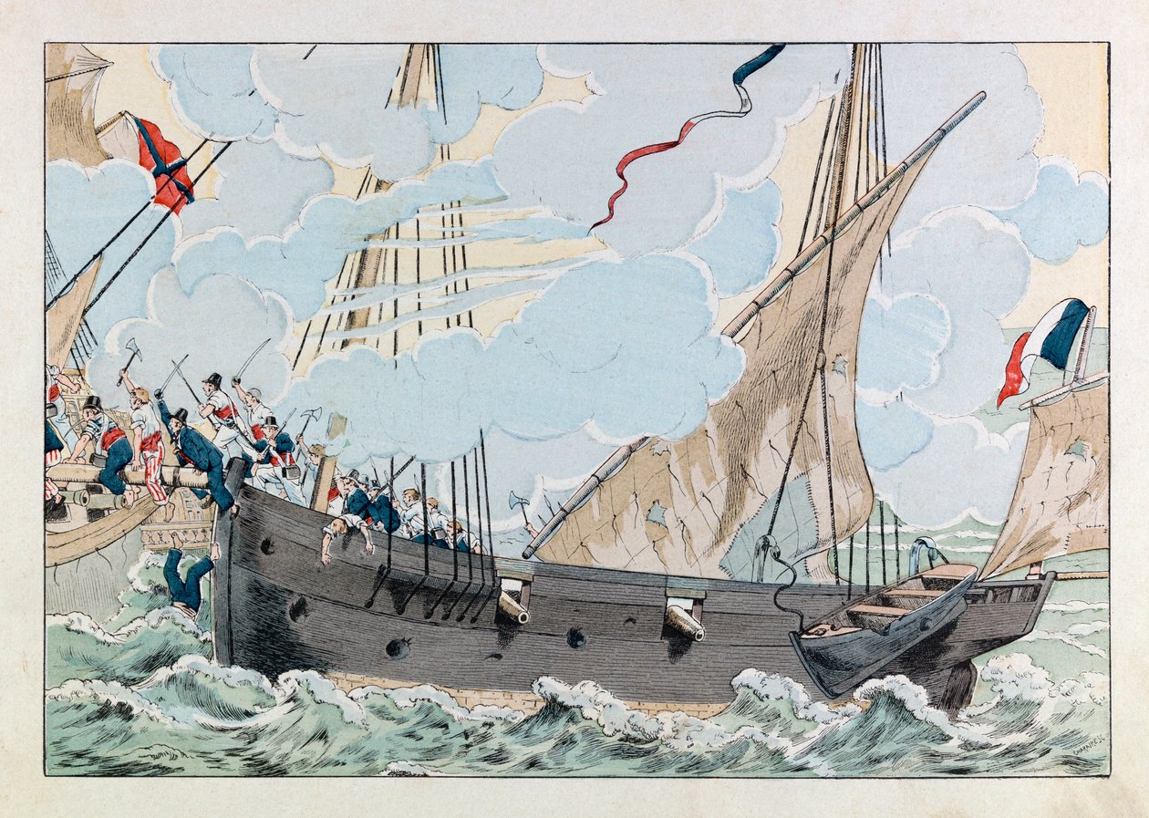 Jacques Marie Gaston Onfray de Breville dit JOB (1858 - 1931); Illustration fra bogen "" Les epees de France"": Robert Surcouf (1773-1827) med sit skib "" La Coquette "" angriber det engelske skib "" Queen Mary ""; Coll, del af pseudonym for Onfray de Breville Jacques Job