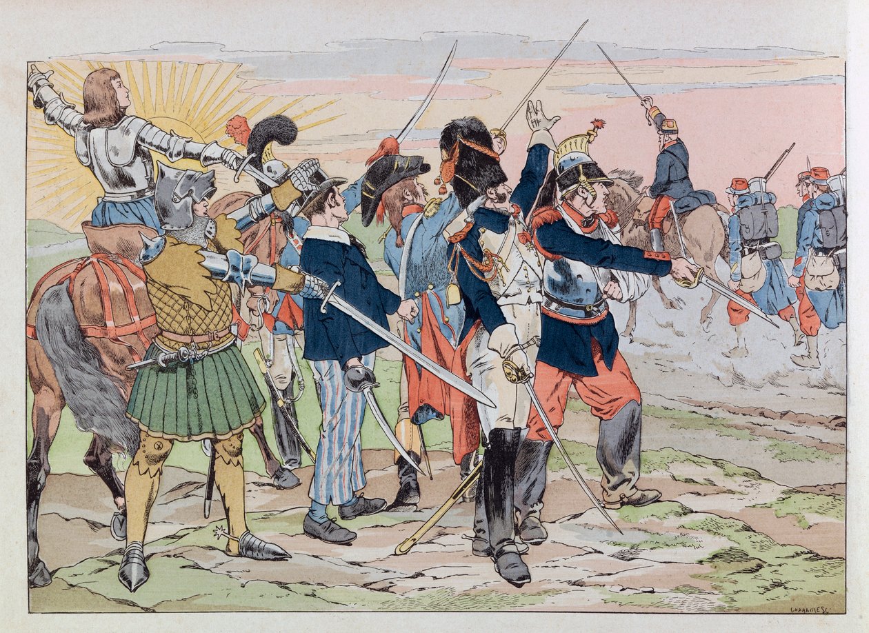 Jacques Marie Gaston Onfray de Breville kaldet JOB (1858 - 1931); Illustration fra bogen "Les epees de France": Allegori om Frankrigs herligheder til de behårede mennesker i 1914; Coll, Del af pseudonym for Onfray de Breville Jacques Job