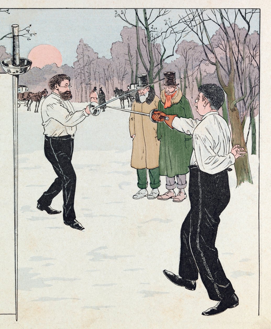 Jacques Marie Gaston Onfray de Breville kaldet JOB (1858 - 1931); Illustration fra bogen "Les epiees de France": En duel i 1894; Coll, Del af pseudonym for Onfray de Breville Jacques Job
