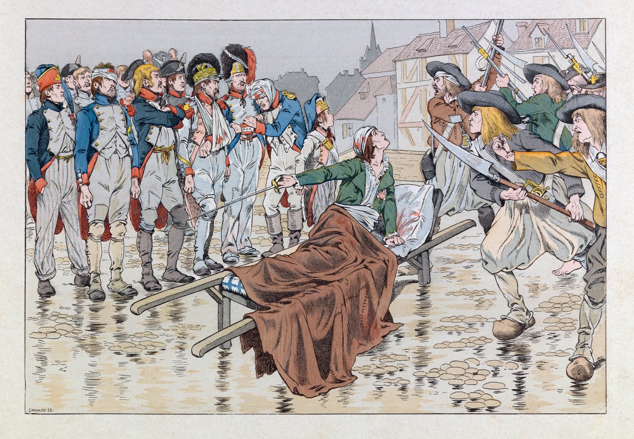 Jacques Marie Gaston Onfray de Breville dit JOB (1858 - 1931); Illustration fra bogen "Les epees de France": Markisen de Bonchamps sår dødeligt efter slaget ved Cholet i 1793 redder republikanske fanger fra chouanernes hænder; Coll, Par af pseudonym for Onfray de Breville Jacques Job
