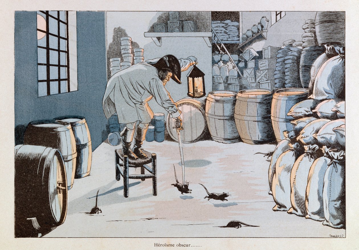 Jacques Marie Gaston Onfray de Breville kaldet JOB (1858 - 1931); Illustration fra "Les epees de France": Hærens proviantkommissær mod rottehæren; Coll, Del af pseudonym for Onfray de Breville Jacques Job