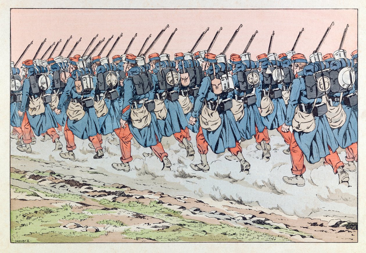 Jacques Marie Gaston Onfray de Breville kaldet JOB (1858 - 1931); Illustration fra bogen “”Les epiees de France””: De behårede på 14 på vej mod fronten; Coll, Del af pseudonym for Onfray de Breville Jacques Job