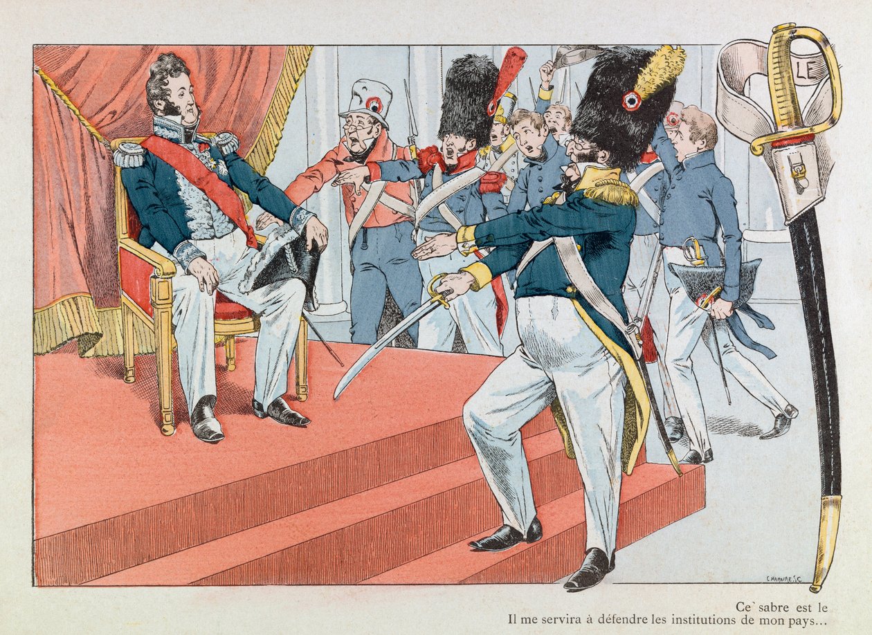 Jacques Marie Gaston Onfray de Breville dit JOB (1858 - 1931); Illustration taget fra bogen "" Les epees de France"": Louis Philippe (1773-1850) på tronen (Henri Monnier modtager nationalgardens insignier "" Denne sabel er den smukkeste af pseudonym for Onfray de Breville Jacques Job