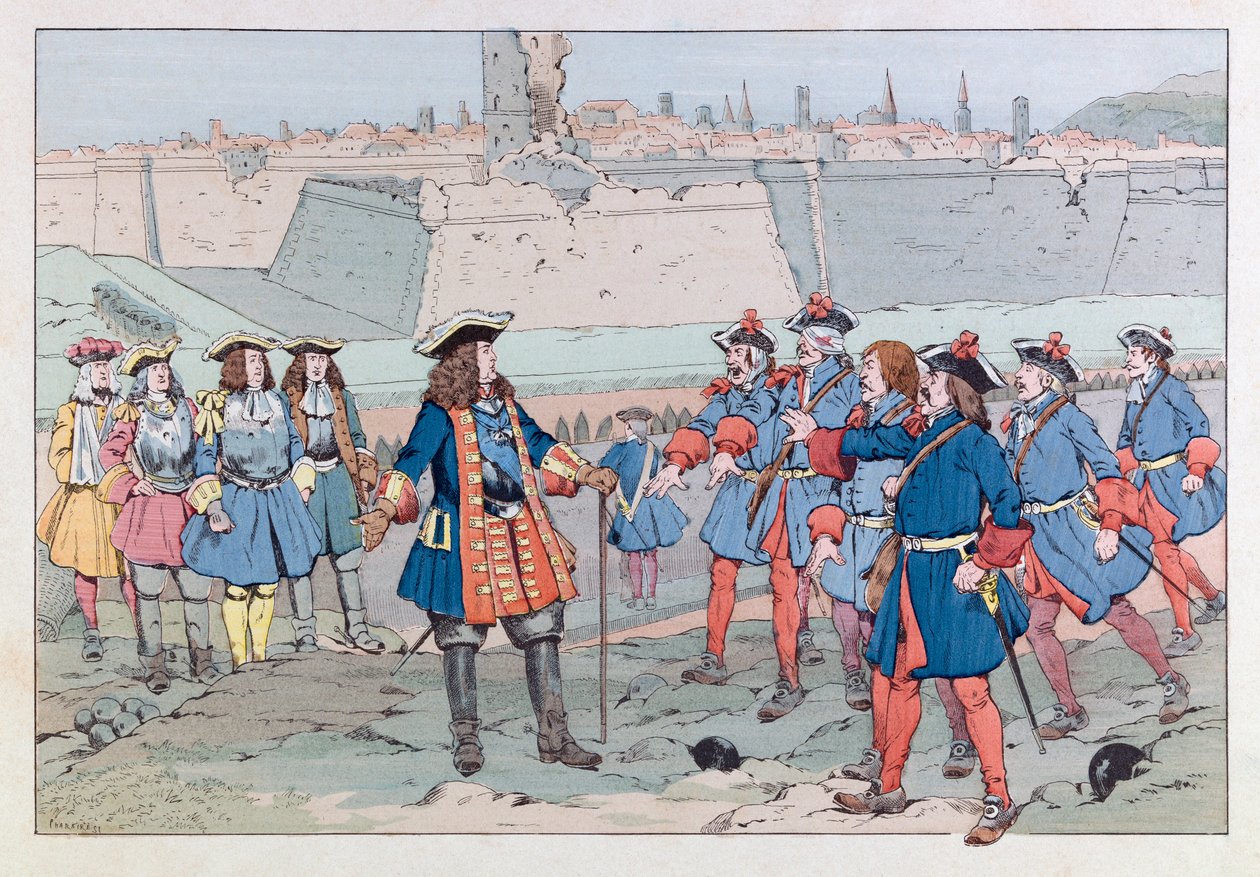 Jacques Marie Gaston Onfray de Breville kaldet JOB (1858 - 1931); Illustration taget fra bogen "Les epees de France": Le marechal de Villars overtog byen Douai den 27. august af pseudonym for Onfray de Breville Jacques Job
