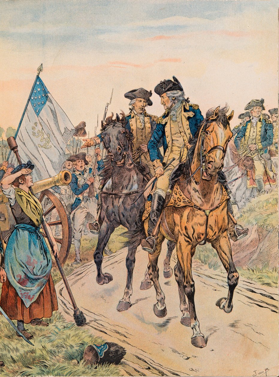 Jacques Marie Gaston Onfroy de Breville dit JOB (1858-1931) - George Washington passerede Molly Pitcher under slaget ved Monmouth den 28. juni 1778 under uafhængighedskrigen, privat samling af pseudonym for Onfray de Breville Jacques Job