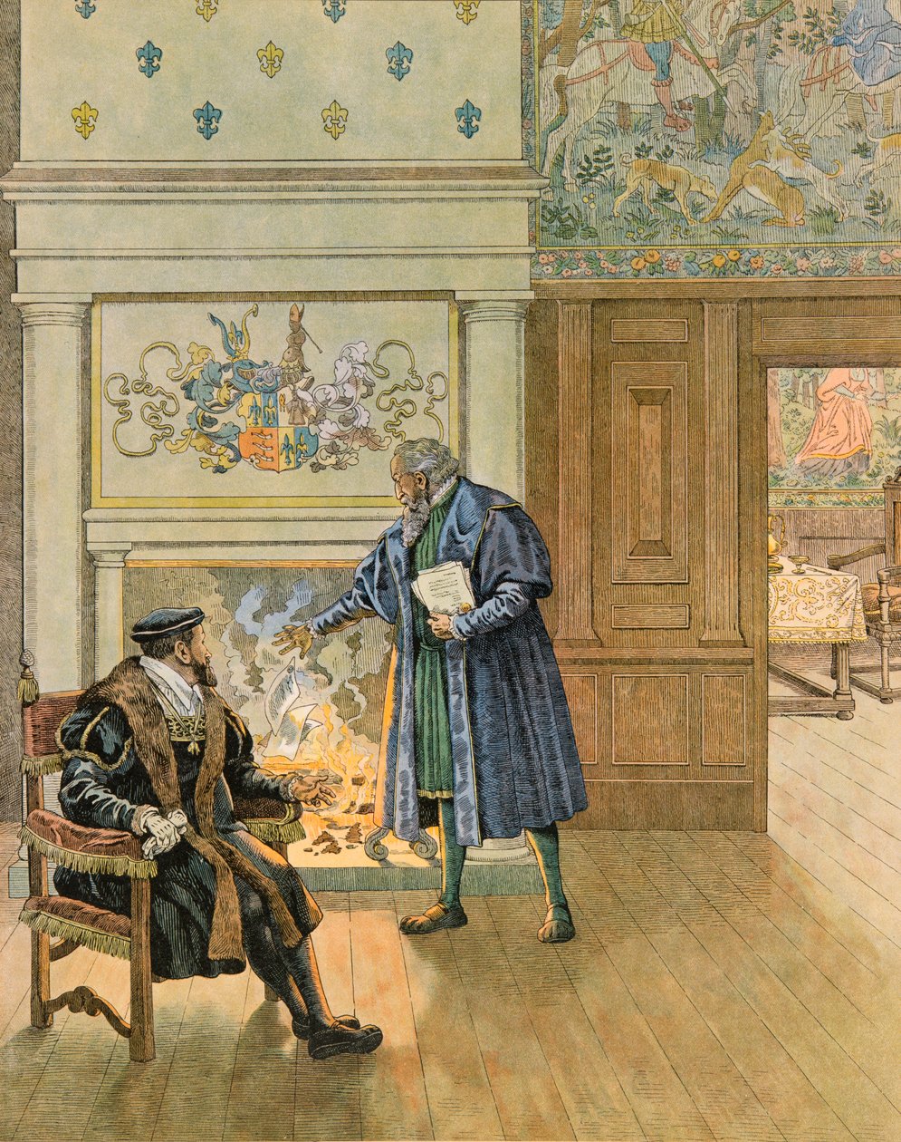 Jacques Marie Gaston Onfroy de Breville dit JOB (1858-1931) - Belgiens historie: Kejser Charles V (1500 - 1558) besøger de store købmænd og finansmænd i byen Antwerpen, privat samling af pseudonym for Onfray de Breville Jacques Job