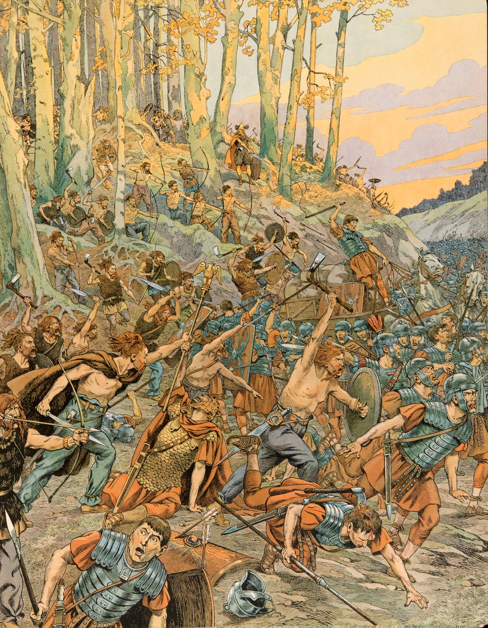 Jacques Marie Gaston Onfroy de Breville dit JOB (1858-1931) - Belgiens historie: Slaget ved Aduatuca, i Vallee du Geer i 54 f.Kr., eburonerne (belgerne) massakrerede de romerske legioner af Cæsar under den galliske krig, privat samling af pseudonym for Onfray de Breville Jacques Job