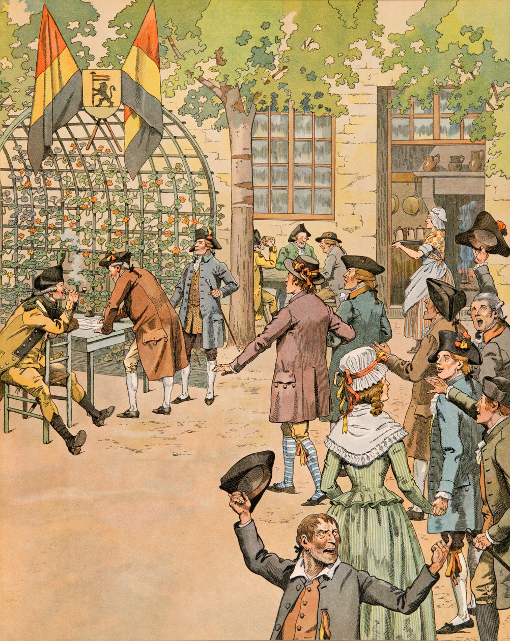 Jacques Marie Gaston Onfroy de Breville dit JOB (1858-1931) - Belgiens historie: Hvervning af frivillige til hæren af ​​patrioter på cafe du Coffy, privat samling af pseudonym for Onfray de Breville Jacques Job