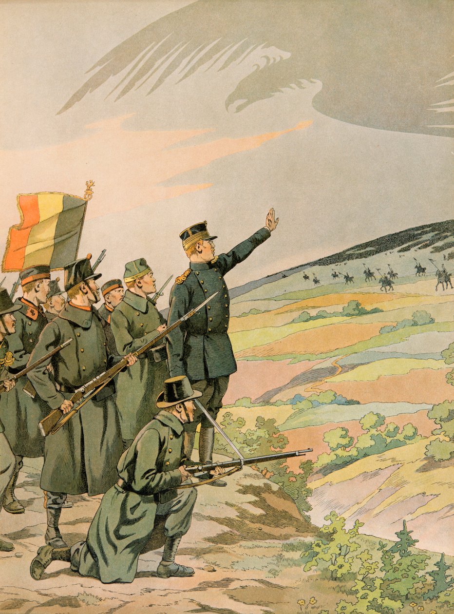Jacques Marie Gaston Onfroy de Breville dit JOB (1858-1931) - Belgiens historie: Kong Albert (1875 - 1934) og den belgiske hær står over for den tyske invasion under Første Verdenskrig, privat samling af pseudonym for Onfray de Breville Jacques Job