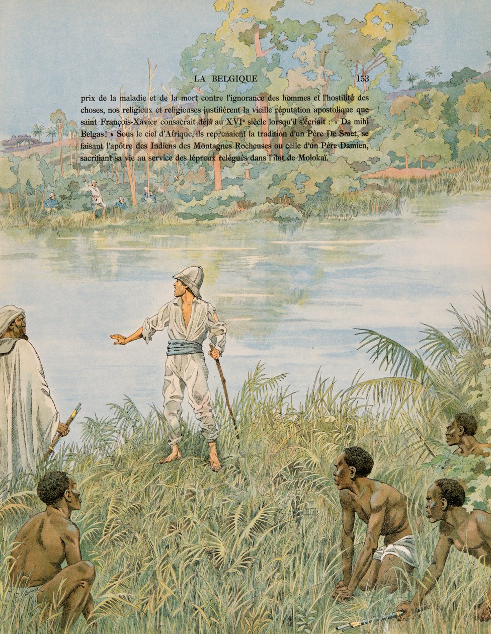 Jacques Marie Gaston Onfroy de Breville dit JOB (1858-1931) - Belgiens historie: Sergent Henri de Bruyne (1868-1892) og løjtnant Joseph Lippens (død 1892) på bredden af La Lomami i Congo i 1889, privat samling af pseudonym for Onfray de Breville Jacques Job