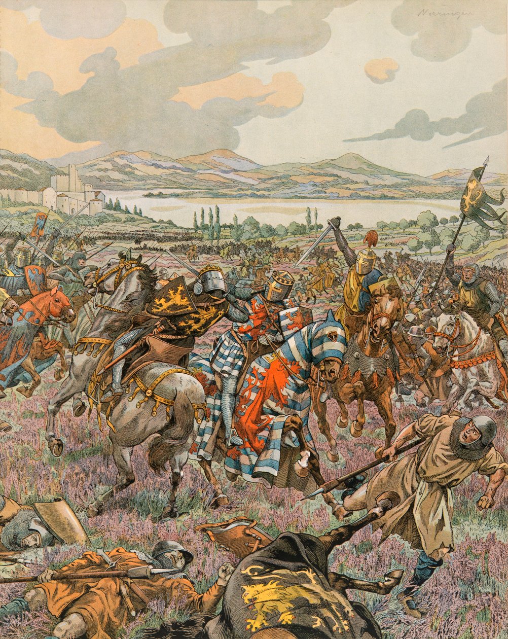 Jacques Marie Gaston Onfroy de Breville dit JOB (1858-1931) - Belgiens historie: Johannes 1. hertug af Brabant sejrede i slaget ved Woeringen i 1288 under tronfølgekrigen i Limburg og giver Brabant selvstyre til Tyskland, privat samling af pseudonym for Onfray de Breville Jacques Job