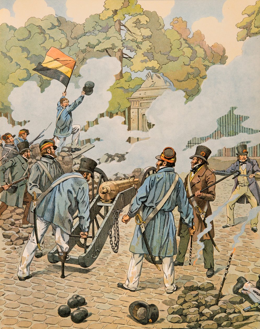 Jacques Marie Gaston Onfroy de Breville dit JOB (1858-1931) - Belgiens historie: Jean Joseph Charlier (1794 - 1866) siger, at træbenet peger sit stykke artilleri mod de hollandske tropper, der var samlet i parken i Bruxelles i september 1830, menig Col af pseudonym for Onfray de Breville Jacques Job