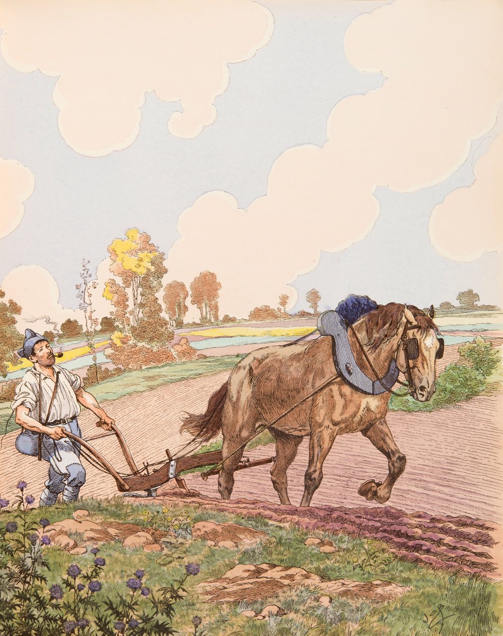 Jacques Marie Gaston Onfroy de Breville dit JOB (1858-1931) - Le retour à la terre (fransk militær vender tilbage til sit felt efter slutningen af Første Verdenskrig), Privat Samling af pseudonym for Onfray de Breville Jacques Job