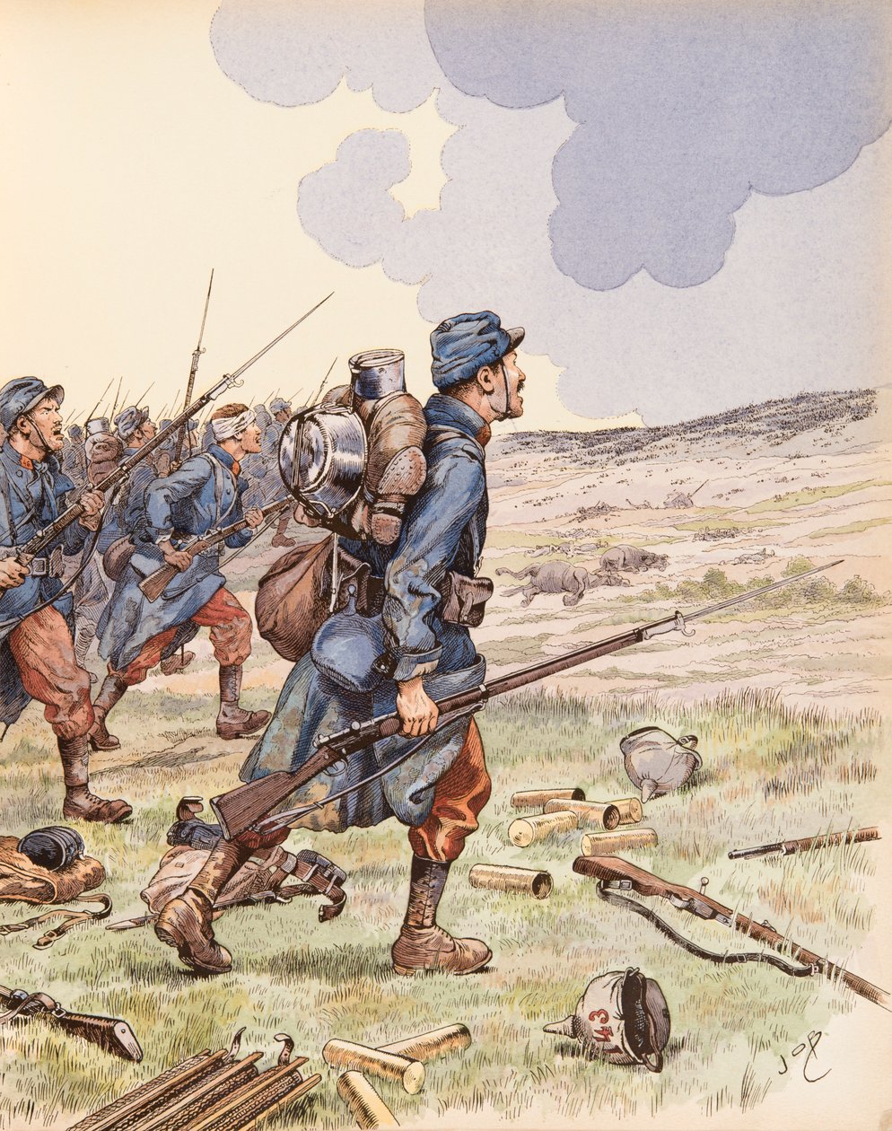 Jacques Marie Gaston Onfroy de Breville dit JOB (1858-1931) - Les poilus under slaget ved Marne under første verdenskrig, privat samling af pseudonym for Onfray de Breville Jacques Job