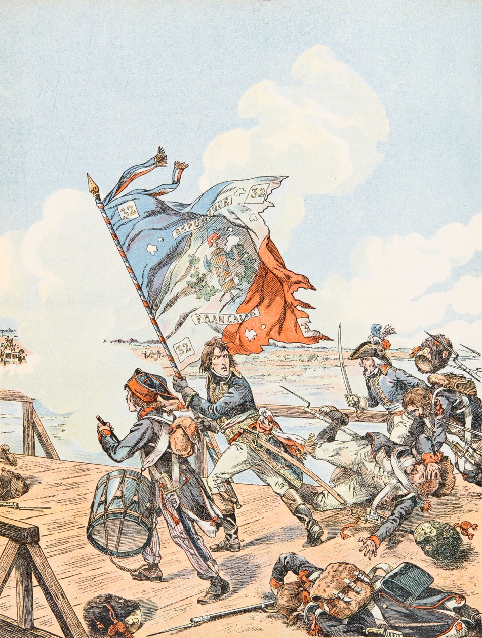 Jacques Marie Gaston Onfroy de Breville dit JOB (1858-1931) - Napoleon Bonaparte ved Arcole-broen i 1796, privat samling af pseudonym for Onfray de Breville Jacques Job