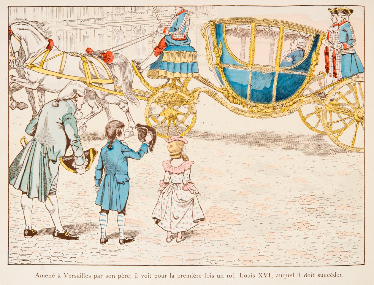 Jacques Marie Gaston Onfroy de Breville dit JOB (1858-1931) - Napoleon Bonaparte bragt til Versailles af sin far ser kong Louis XVI i Carossus for første gang i 1770, privat samling af pseudonym for Onfray de Breville Jacques Job