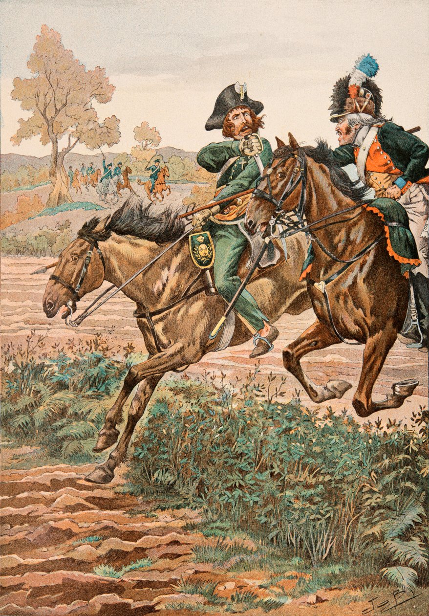 Jacques Marie Gaston Onfroy de Breville dit JOB (1858-1931) - Udrustning af de franske tropper til enhver tid: Cavalier Vendeen og piqueur (eller Piconnier) på hesten af Germanique Legion (1793), privat samling af pseudonym for Onfray de Breville Jacques Job
