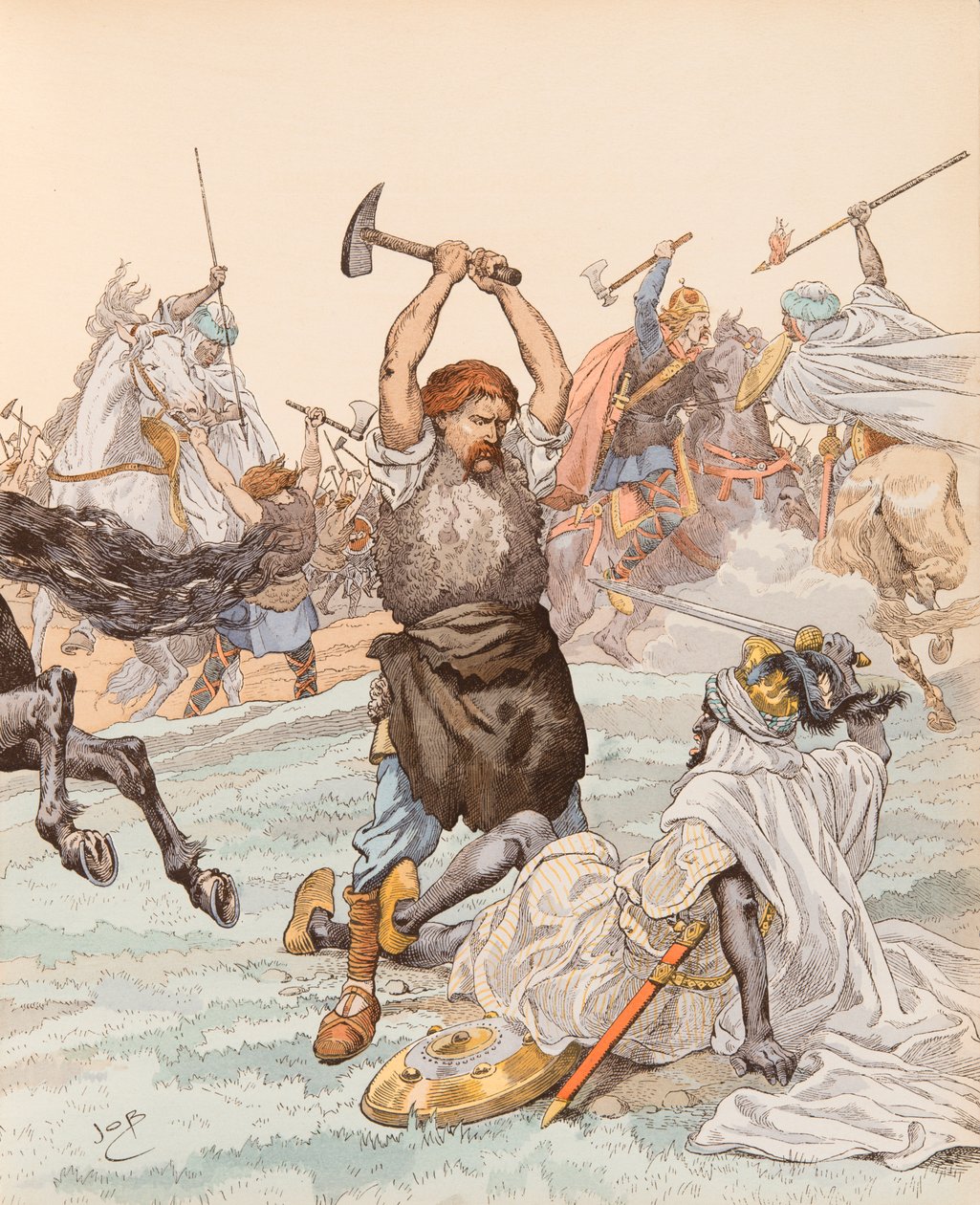 Jacques Marie Gaston Onfroy de Breville dit JOB (1858-1931) - Smeden fra Poitiers under slaget ved Poitiers i 732, privat samling af pseudonym for Onfray de Breville Jacques Job