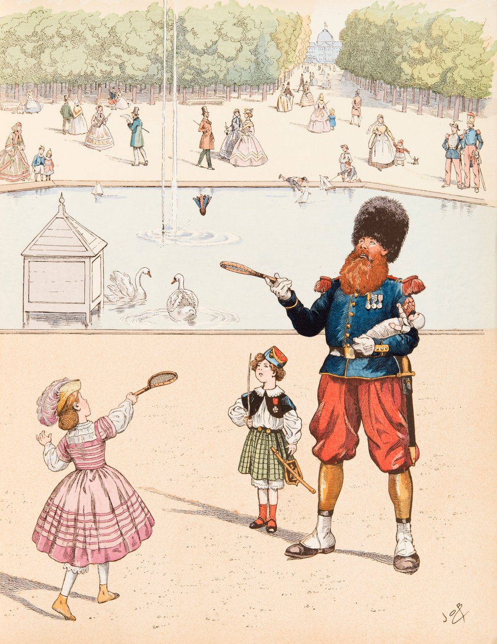 Jacques Marie Gaston Onfroy de Breville dit JOB (1858-1931) - Sapperen (fransk hærsafari i en offentlig have, der leger med sine børn), privat samling af pseudonym for Onfray de Breville Jacques Job