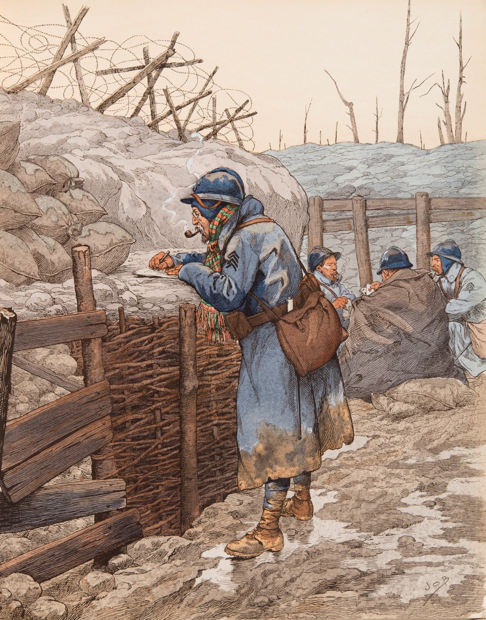 Jacques Marie Gaston Onfroy de Breville dit JOB (1858-1931) - Brevet fra peperen (håret i en skyttegrav skriver til sin familie under Første Verdenskrig), Privat Samling af pseudonym for Onfray de Breville Jacques Job