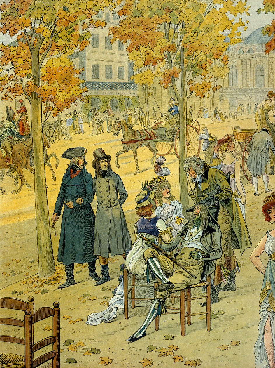 Jean Andoche Junot (Jean-Andoche) (1771-1813) og Napoleon I Bonaparte (1769-1821) går langs Boulevard de Coblenz (Boulevard de Gent) i Paris foran Det Utrolige. Illustration af Jacques Marie Gaston Onfray de Breville dit JOB (1858-1931) af pseudonym for Onfray de Breville Jacques Job