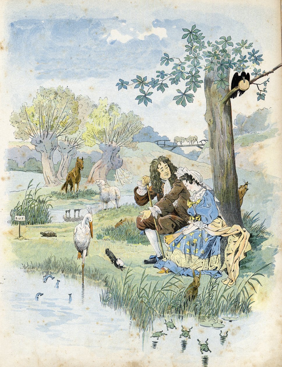 Jean de La Fontaine (Lafontaine) (1621-1695) taler med en ung pige. Omkring dem er dyr til stede i digterens fabler: ulv, lam, stork, skildpadde, rotte, frø, hare, ræv, ravn... i "" Frankrig, hans historie fortalt af G. Montorgueil, imagee af Job" ” 1896.  af pseudonym for Onfray de Breville Jacques Job