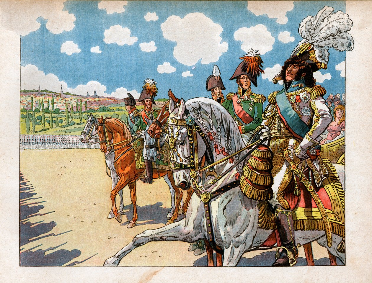 Joachim Murat (1767-1815) ledsagede Napoleon I Bonaparte (1869-1921) og Alexander I, Ruslands kejser (1777-1825) under gennemgangen af tropperne under Tilsit-traktaten den 7. juli 1807. Gravering af Jacques Marie Gaston Onfray Breville dit Job (185 af pseudonym for Onfray de Breville Jacques Job