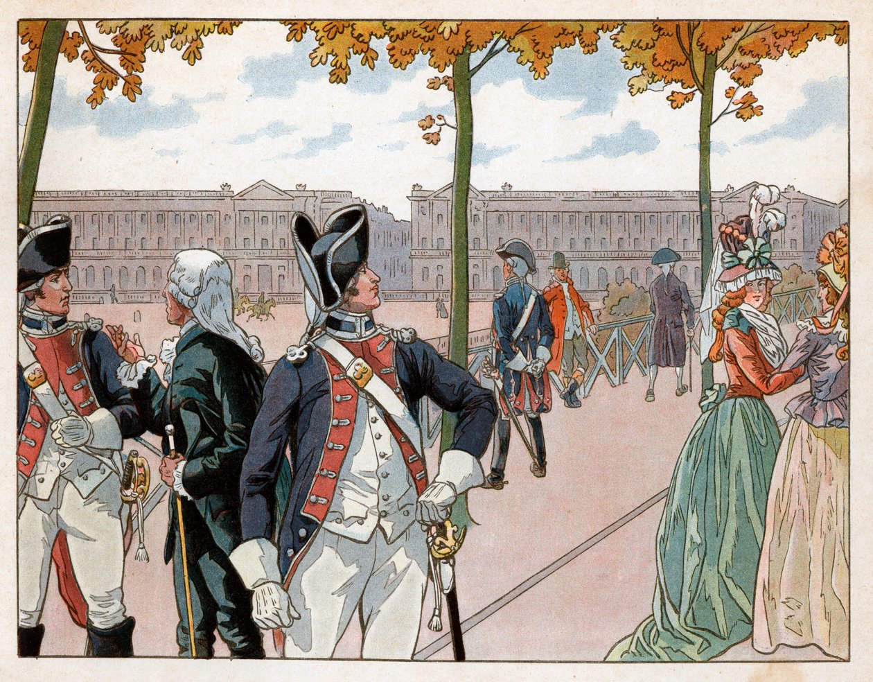 Joachim Murat (1767-1815) og Bessieres i Paris i 1791 iført kostume af kongens forfatningsgarde. Gravering af Jacques Marie Gaston Onfray de Breville dit Job (1858-1931) af pseudonym for Onfray de Breville Jacques Job