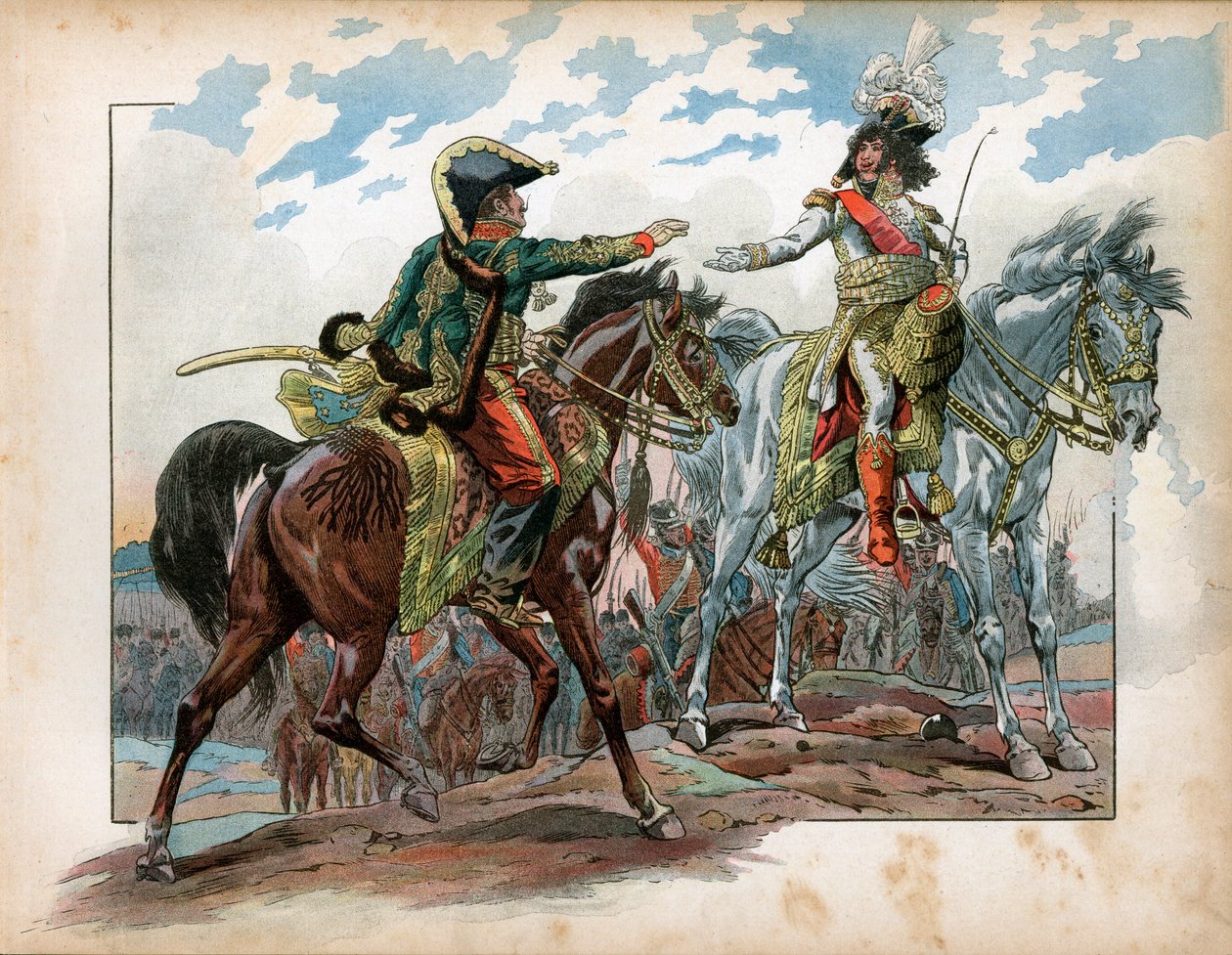 Joachim Murat (1767-1815) og general Antoine Charles Louis de La Salle (Lasalle) (1775-1809) under slaget ved Heilsberg i 1807. Gravering af Jacques Marie Gaston Onfray de Breville dit Job (1858-1931) af pseudonym for Onfray de Breville Jacques Job