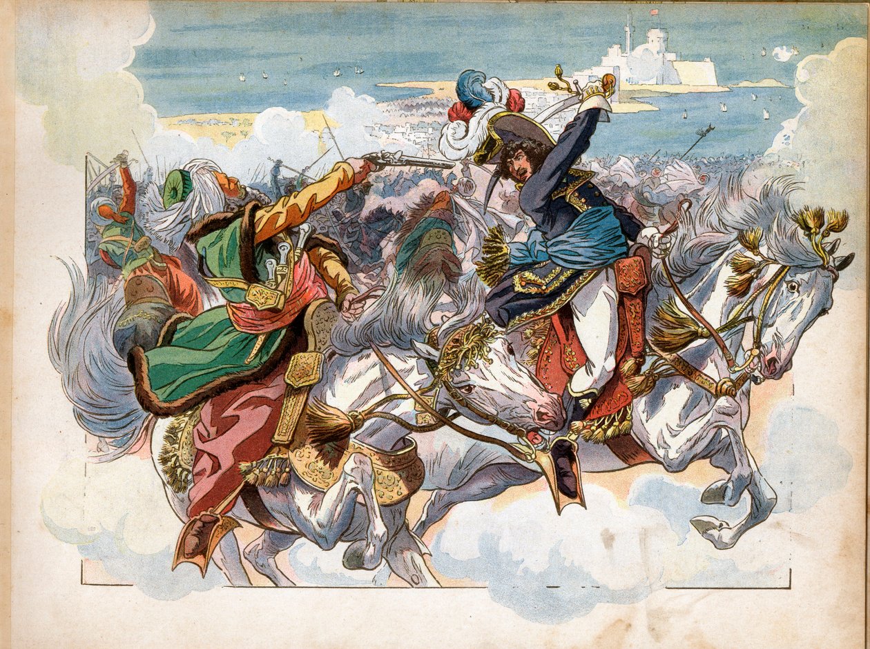 Joachim Murat (1767-1815) under slaget ved Aboukir i 1799, under felttoget (ekspeditionen) af Egypten, fangede general Mustapha Pasha efter at være blevet skudt i kæben; han blev efter slaget gjort til divisionsgeneral. Gravering af Jacques Marie Gaston On af pseudonym for Onfray de Breville Jacques Job