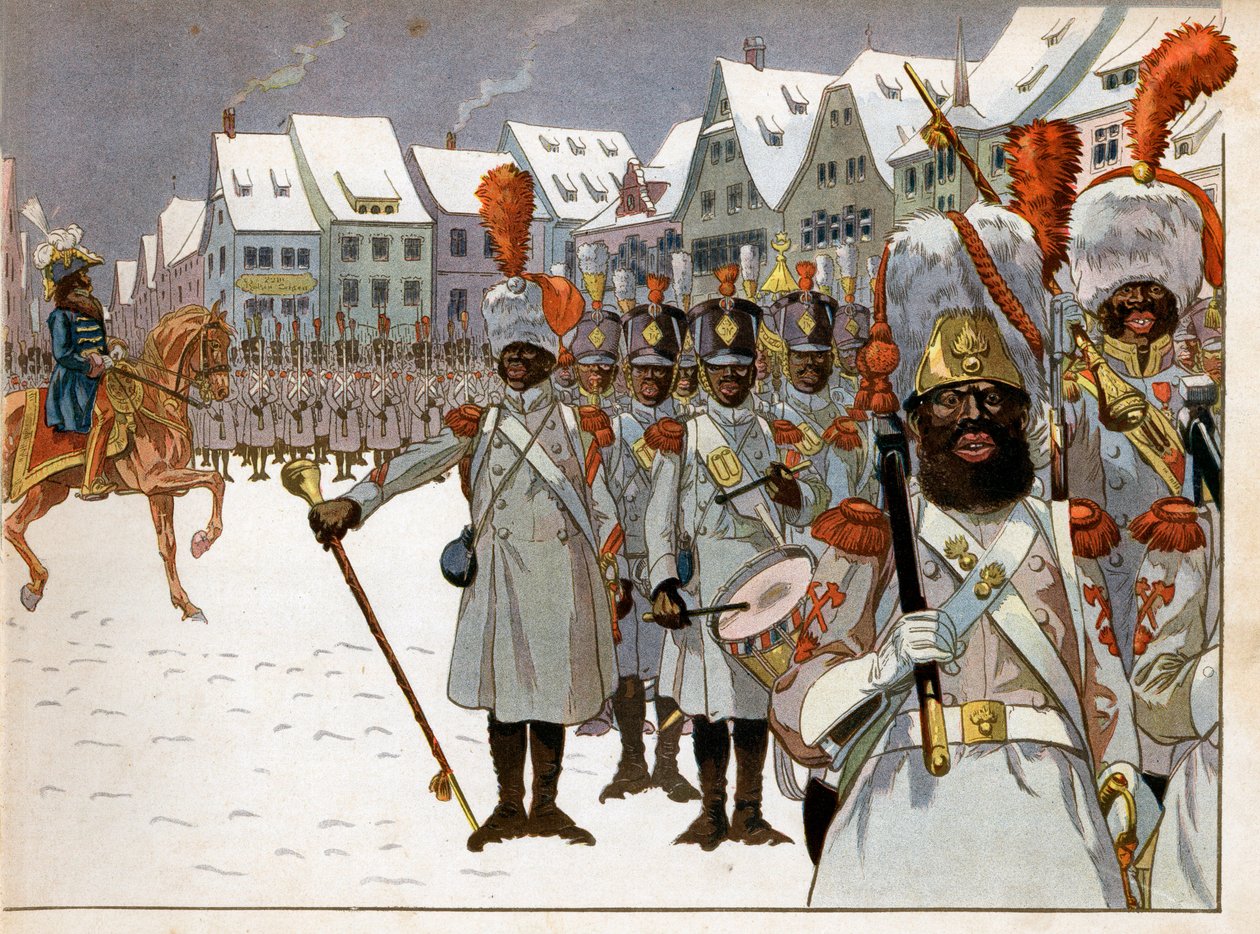 Joachim Murat (1767-1815) reddede kommandoen over hæren, efter at kejseren forlod Rusland. I sit hovedkvarter i Koenigsberg anmelder han et selskab af sorte mennesker. Gravering af Jacques Marie Gaston Onfray de Breville dit Job (1858-1931) af pseudonym for Onfray de Breville Jacques Job