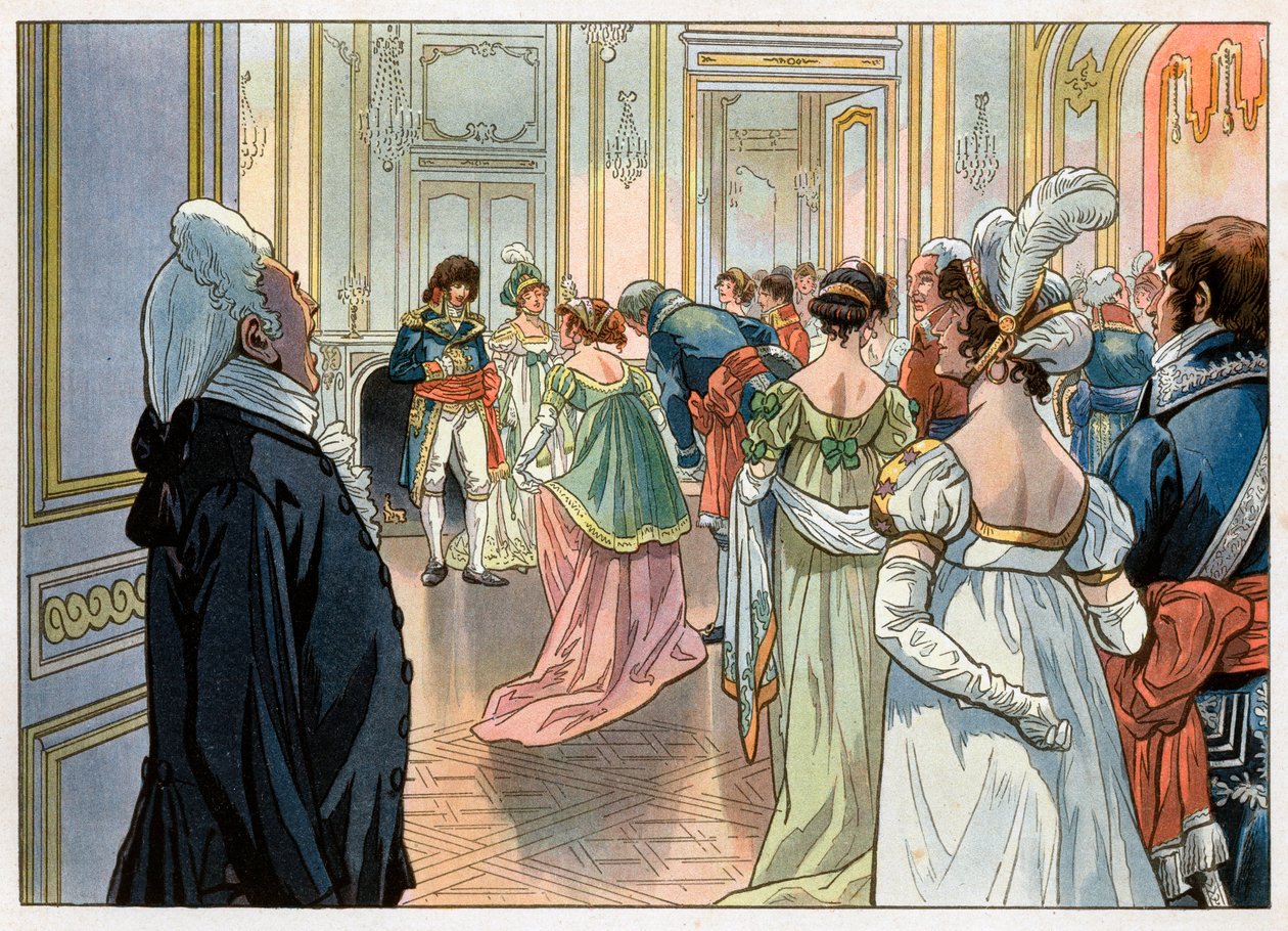 Joachim Murat (1767-1815) daværende guvernør i Paris og hans kone Caroline Bonaparte (1782-1839) modtog gæsterne til en fest på hans hotelsted Vendome, Paris. Invitationer annonceres af en tjener, og så ærer de deres gæster. Gravering af af pseudonym for Onfray de Breville Jacques Job