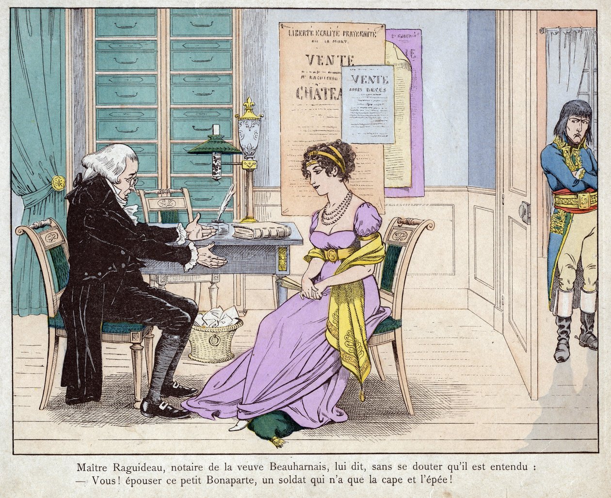 Josephine og notaren - Maitre Raguideau, notar for enken Beauharnais, sagde til ham: Du! gift med denne lille Bonaparte - Mester Raguidea og Josephine - (Du! Gift dig med denne lille Bonaparte) - litografi af Job (Jacques Onfroy de Breville) fra "" Le Gran af pseudonym for Onfray de Breville Jacques Job