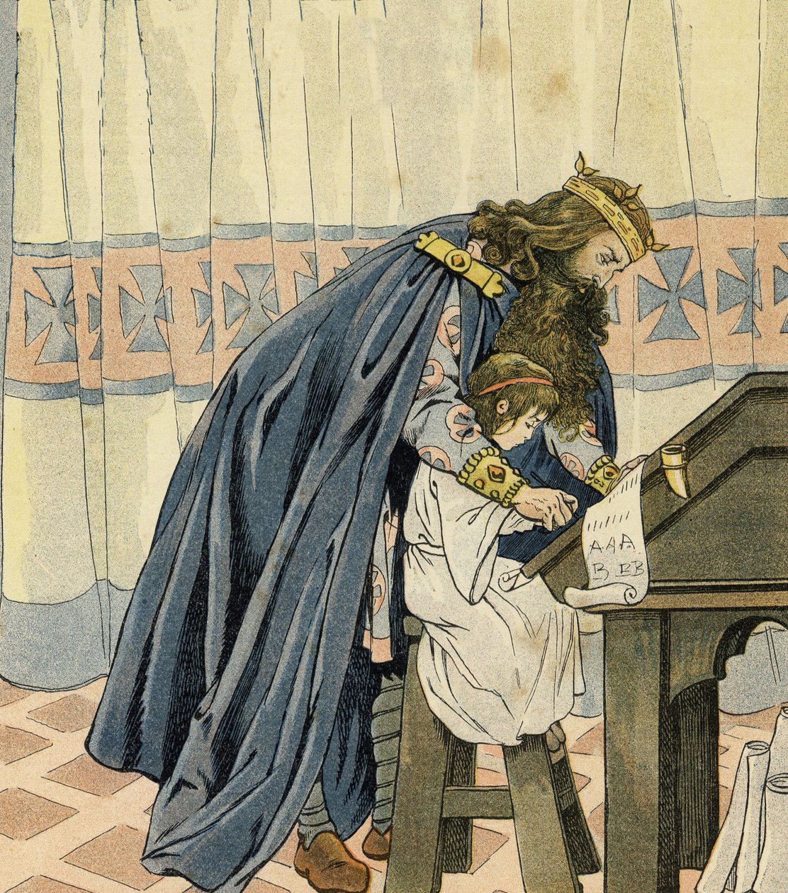 Kong Karl den Store (Karl I, kendt som Karl den Store, 742-814) opdrager et lille barn og opfinder skolen. i "Frankrig, hans historie fortalt af G. Montorgueil, afbildet af Job"" 1896. Privat samling. af pseudonym for Onfray de Breville Jacques Job