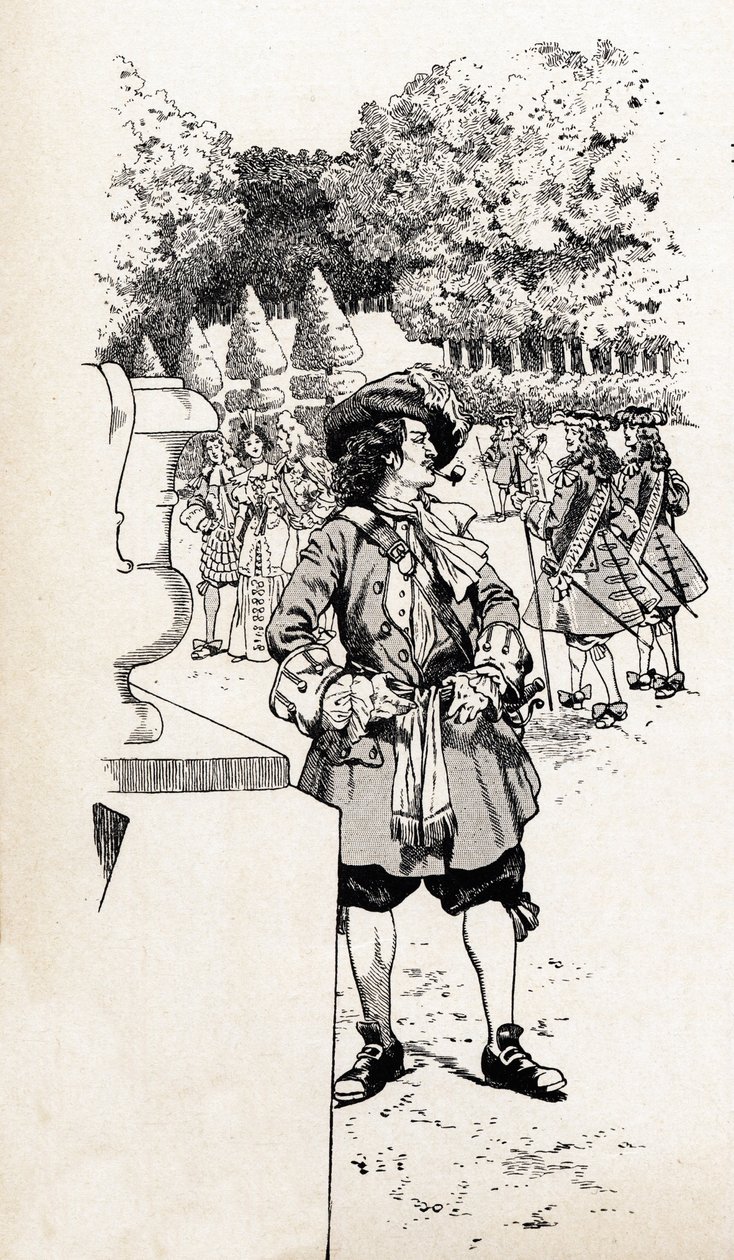 Kong Ludvig XIV af Frankrig kaldte kong Soleil (1638-1715) med sine hofmænd i Versailles haver. Illustration af Job (Jacques Marie Gaston Onfray og Breville) (Jacques-Marie) (1858-1931) til bogen "De store historiske ord i landet Frankrig" af pseudonym for Onfray de Breville Jacques Job