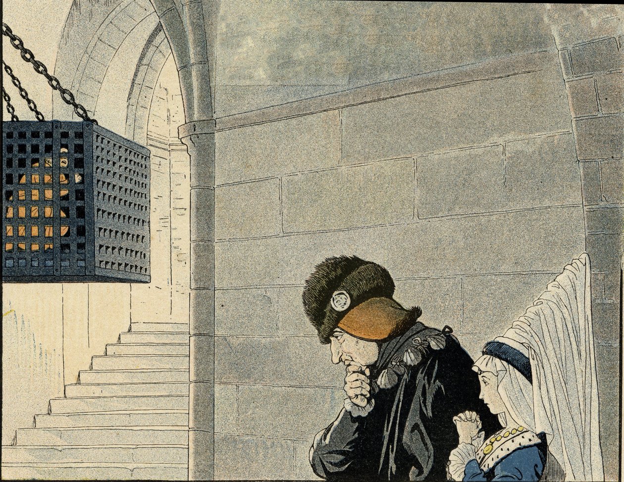 Kong Ludvig XI (1423-1483) besøger fangen Jean Balue (1421-1491), låst i 1469 i et jernbur for at planlægge mod kongen. i "Frankrig, hans historie fortalt af G. Montorgueil, afbildet af Job""" 1896. Privat samling. af pseudonym for Onfray de Breville Jacques Job