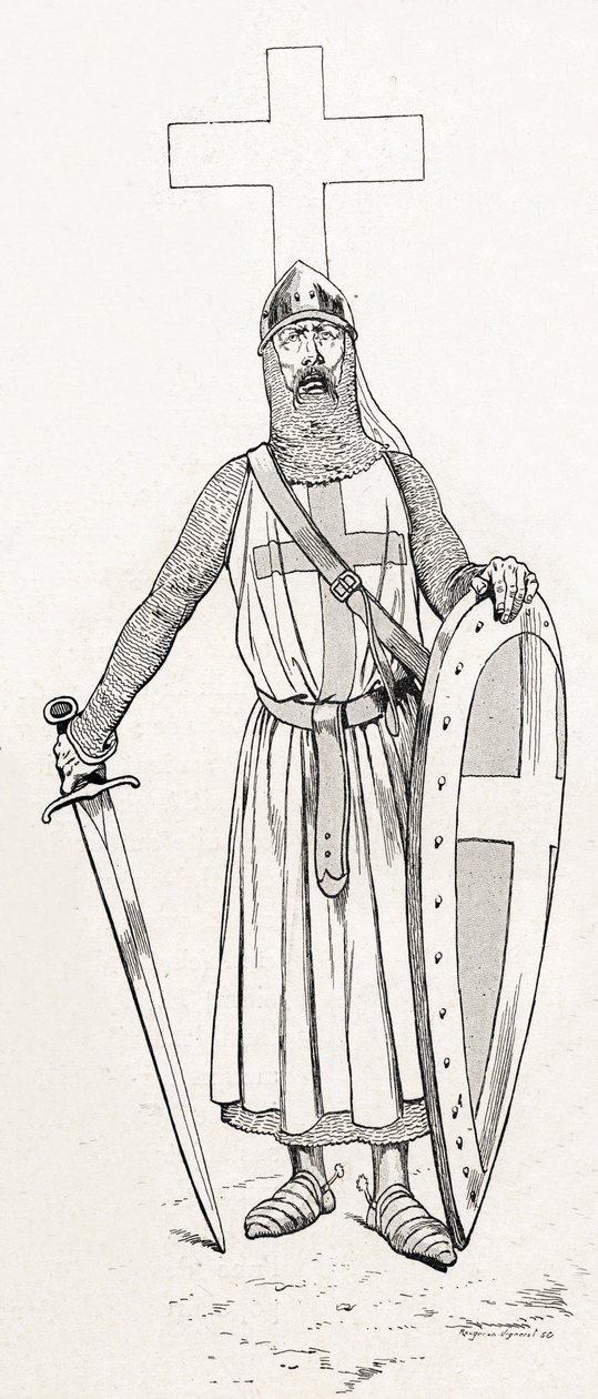 Ridder af Ludvig IX kendt som Saint Louis (1214-1270) i ​​korstogsdragt. Illustration af Job (Jacques Marie Gaston Onfray og Breville) (Jacques-Marie) (1858-1931) til bogen "Les grands mots historique du pays de France"" 1915. Privee Collection. af pseudonym for Onfray de Breville Jacques Job