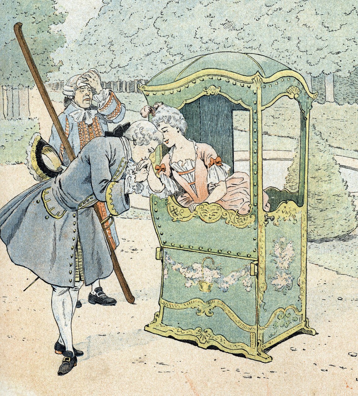 Dame af adelen i det 18. århundrede, i en stol med portører, der modtager kyssehånden af pseudonym for Onfray de Breville Jacques Job