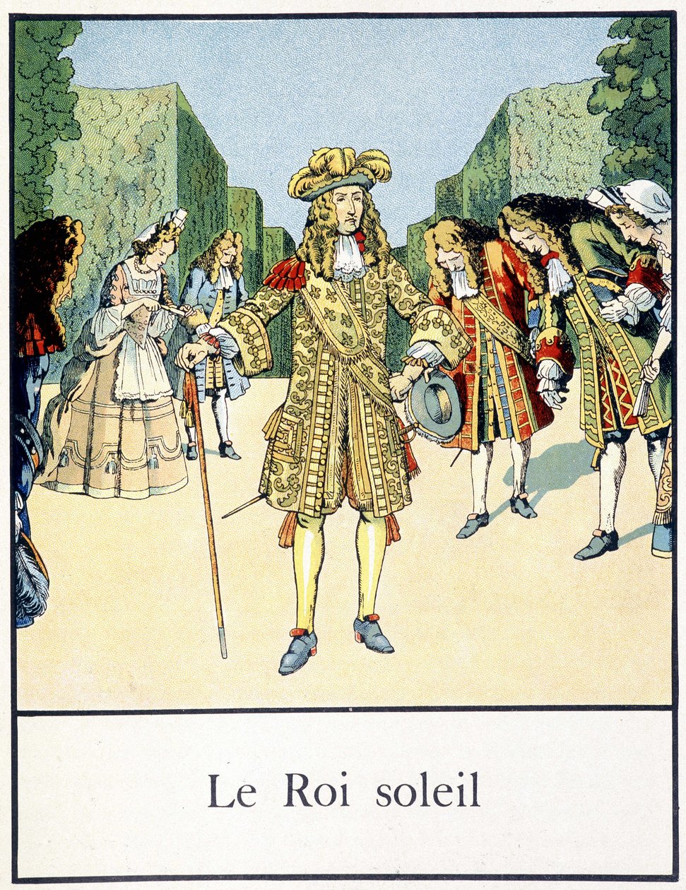 Solkongen (Louis XIV i Versailles haver omgivet af hans gårdhave) - i "" Petite histoire de France"" af Jacques Bainville, red. Manke af pseudonym for Onfray de Breville Jacques Job