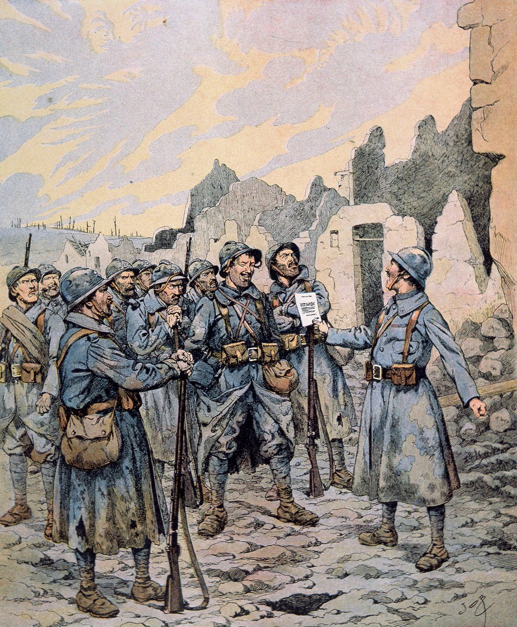 Mytteri i den franske hær på vestfronten, april-maj 1917 (farve litho) af pseudonym for Onfray de Breville Jacques Job