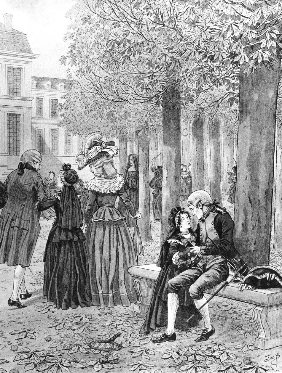 Napoleon Bonaparte (1769-1821) Overtager ansvaret for sin søster Elisa på St. Cyr i ca. 1784, illustration fra 