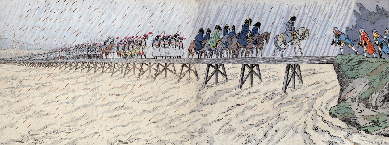 Napoleon I Bonaparte (1769-1821) og hans hær passerede Rhinen den 1. oktober 1805 - Napoleon krydser Rhinen (Rhinen) nær Kehl af pseudonym for Onfray de Breville Jacques Job