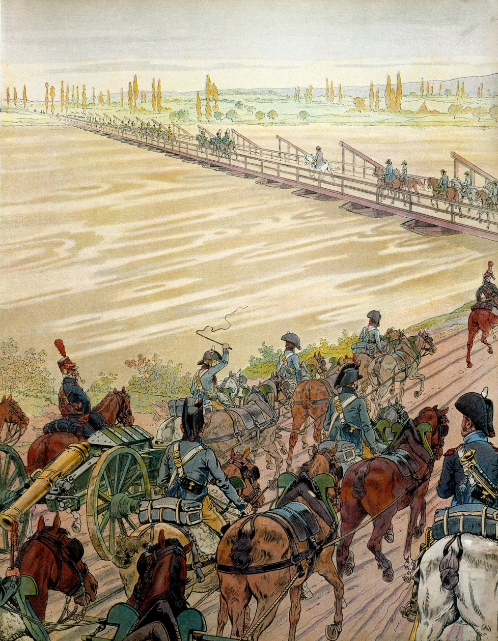 Napoleon I Bonaparte (1769-1821) og hans hær passerede Rhinen den 1. oktober 1805. I "" Napoleon"" af Georges Montorgueil. Illustration af Jacques Marie Gaston Onfray de Breville dit JOB (1858-1931) af pseudonym for Onfray de Breville Jacques Job